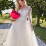 Full-length front view of the Palmela Skirt, showing its layered tulle and organza volume