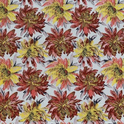 Flat view of ivory floral jacquard fabric with repeating oversized rust red, coral pink and golden yellow flowers, dark grey leaves and fine gold-toned detailing.