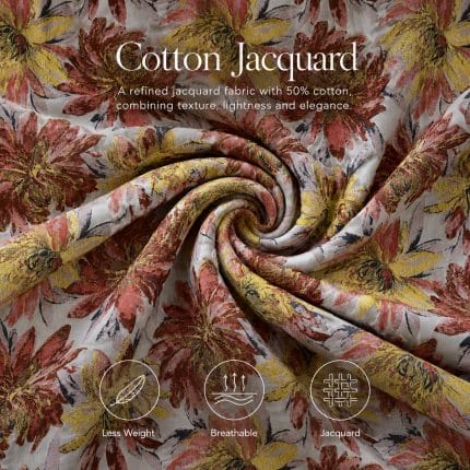 Ivory floral jacquard fabric gathered into spiral folds, with large rust and yellow flowers. Overlaid text reads “Cotton Jacquard” and “50% cotton”, above icons labelled “Less Weight”, “Breathable” and “Jacquard”.