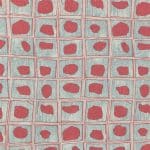 Flat view of silver grey geometric fabric displaying a regular grid of coral double-lined squares, each containing an irregular rounded coral motif.