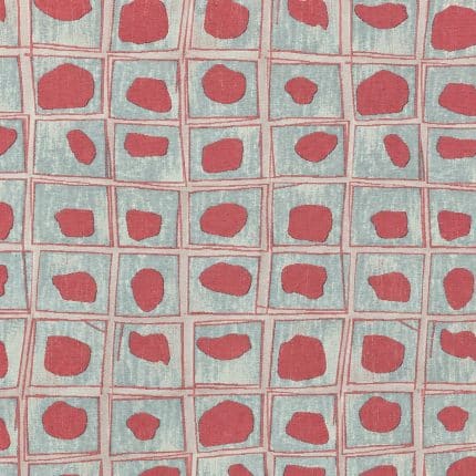 Flat view of silver grey geometric fabric displaying a regular grid of coral double-lined squares, each containing an irregular rounded coral motif.