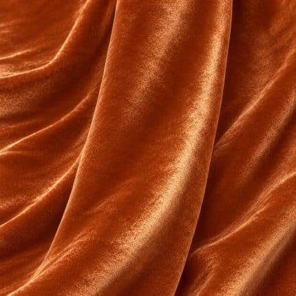 Copper orange crystal velvet fabric draped in soft vertical folds, highlighting its smooth surface, fluid drape and luminous sheen.