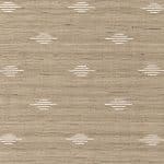 Flat view of sand-beige silk fabric with an irregular horizontal slub texture and small, evenly spaced champagne-white geometric motifs made of short stacked lines.