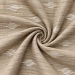 Sand-beige slubbed silk fabric gathered into a central spiral, with radiating folds displaying repeated champagne-coloured horizontal-line motifs.