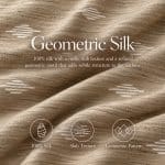 Textured sand-beige silk fabric in broad folds, overlaid with the title “Geometric Silk”, a description of its slub texture and icons labelled “100% Silk”, “Slub Texture” and “Geometric Pattern”.