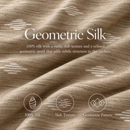 Textured sand-beige silk fabric in broad folds, overlaid with the title “Geometric Silk”, a description of its slub texture and icons labelled “100% Silk”, “Slub Texture” and “Geometric Pattern”.