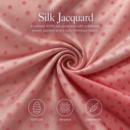 Soft pink silk jacquard gathered into a spiral, with overlaid text reading “Silk Jacquard”, a description of the 100% silk fabric, and icons labelled “100% Silk”, “Jacquard” and “Lightweight”.