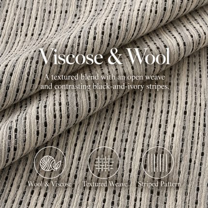 Off-white and midnight blue textured fabric folded in layers, with overlaid text reading “Viscose & Wool” and a description of its open striped weave. Three icons are labelled “Wool & Viscose”, “Textured Weave” and “Striped Pattern”.