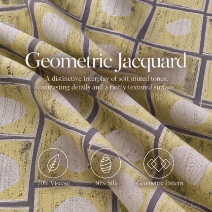 Geometric jacquard fabric in overlapping folds, with overlaid text reading “Geometric Jacquard” and a description of muted tones and texture, plus icons labelled “70% Viscose”, “30% Silk” and “Geometric Pattern”.