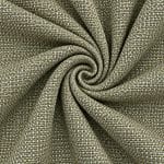 Textured sage green and ivory linen fabric gathered into a tight central spiral, with radiating folds revealing its densely woven, multicoloured surface.