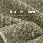 Sage green and ivory textured linen displayed in soft folds, with overlaid text reading “Textured Linen” and a description of the woven texture. Three icons are labelled “100% Linen”, “Breathable” and “Textured Weave”.