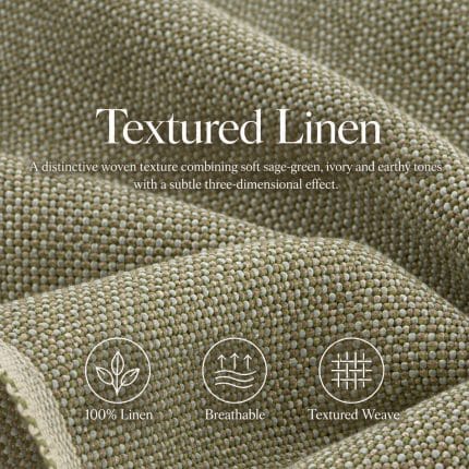 Sage green and ivory textured linen displayed in soft folds, with overlaid text reading “Textured Linen” and a description of the woven texture. Three icons are labelled “100% Linen”, “Breathable” and “Textured Weave”.