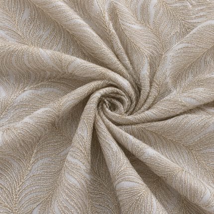 Ivory chiffon embroidered with sweeping feather-like motifs and tonal micro sequins, gathered into a central spiral of folds.