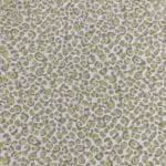 Flat view of silver-grey silk jacquard covered with small, closely spaced lime green circular motifs and grey-green outlines.
