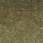 Flat close-up of olive green wool fabric with a finely mottled surface scattered with short, irregular pale straw-coloured raffia fibres.