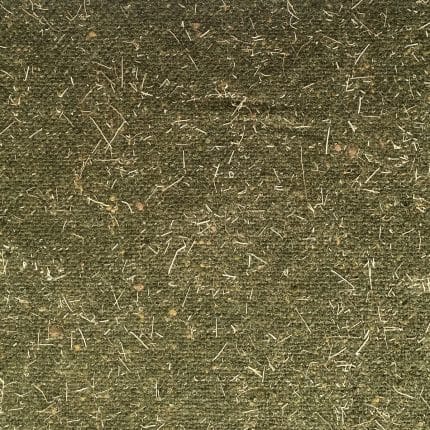 Flat close-up of olive green wool fabric with a finely mottled surface scattered with short, irregular pale straw-coloured raffia fibres.