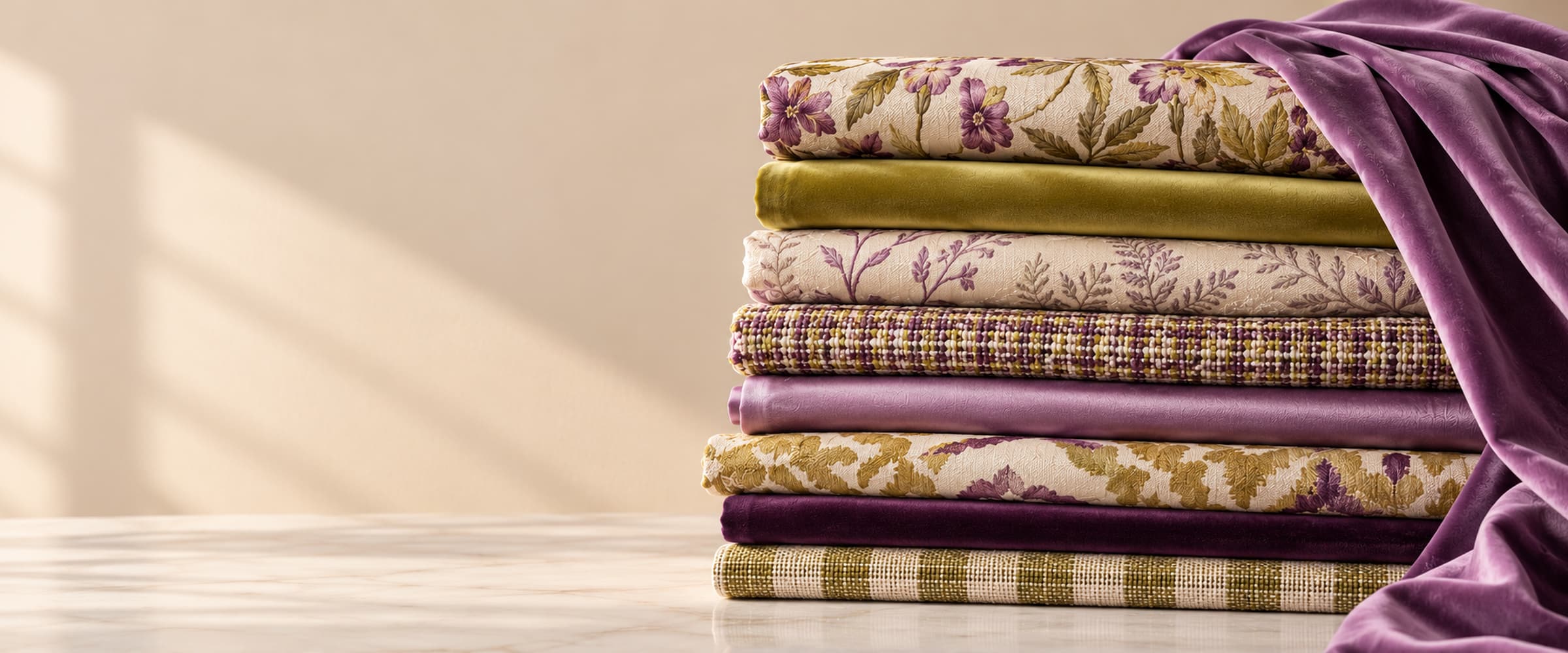 Conjunto de tecidos para costura e confecção, cuidadosamente dobrados e coordenados em tons de amarelo dourado, laranja, terracota e creme. Composição de veludos, jacquards, sedas, tecidos lisos, florais e texturados, representativa da selecção de tecidos e materiais disponíveis no Stock Off do Jaqueline Roxo Atelier, em Lisboa.